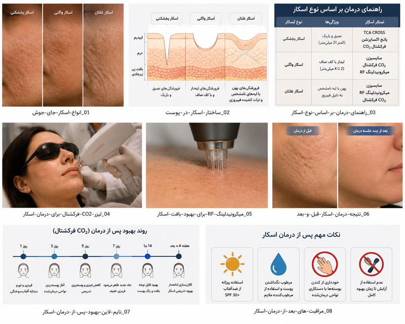 انواع اسکار آتروفیک جای جوش شامل اسکار یخشکنی، واگنی و غلتان و تفاوت ساختار آنها