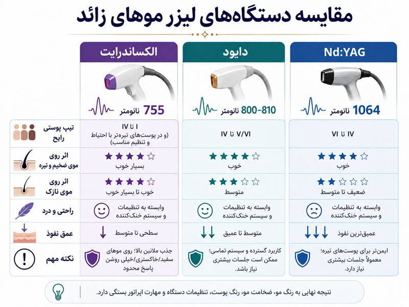 مقایسه لیزر الکساندرایت 755، دایود 810 و Nd:YAG 1064 از نظر نوع پوست، مو، عمق نفوذ و شرایط درمان
