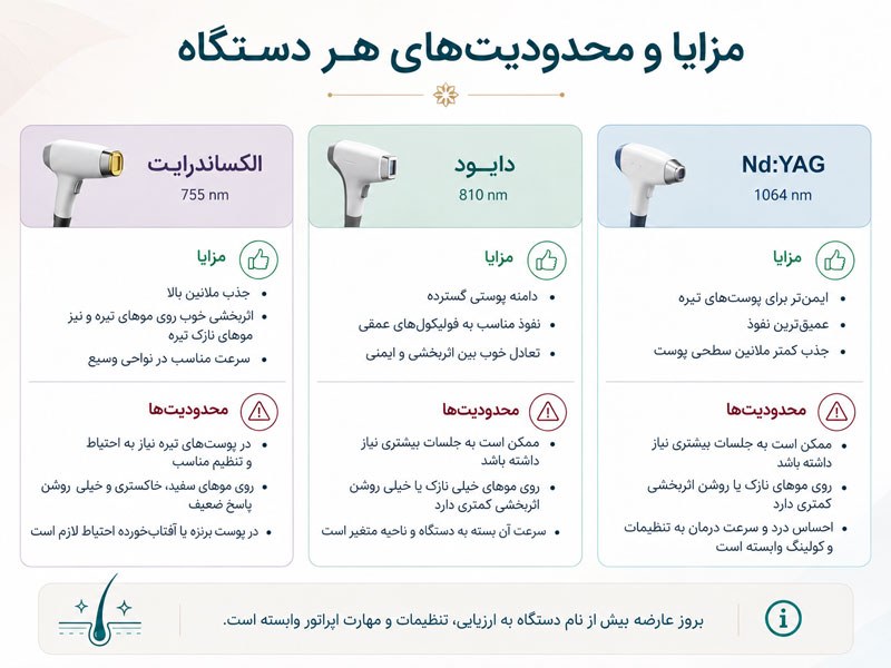 مزایا و محدودیت‌های لیزر الکساندرایت، دایود و Nd:YAG برای کاهش موهای زائد