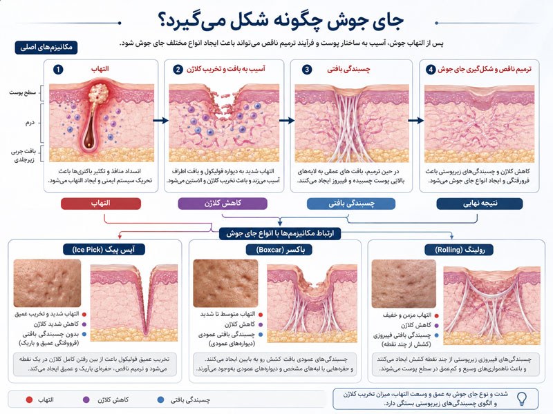 مراحل تشکیل جای جوش از التهاب آکنه تا تخریب کلاژن، چسبندگی بافتی و ایجاد اسکار