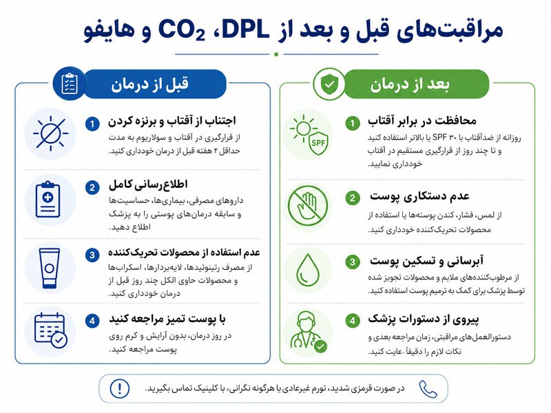 مراقبت‌های قبل و بعد از لیزر و درمان‌های دستگاهی پوست