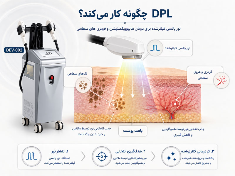 نحوه عملکرد DPL روی ملانین، لک‌های سطحی، قرمزی و عروق پوست