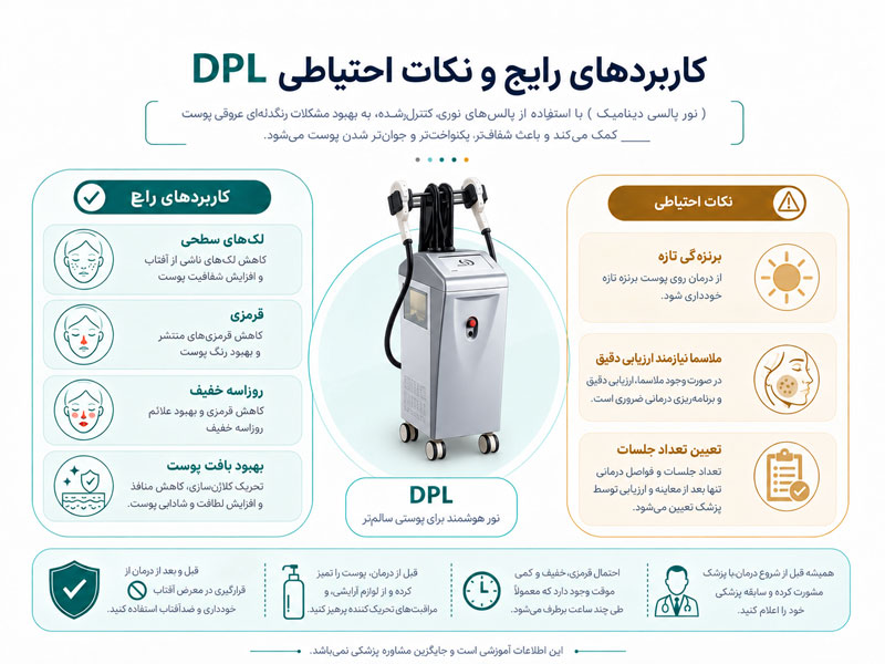 کاربردهای DPL برای لک سطحی، قرمزی، روزاسه و جوانسازی پوست و نکات احتیاطی
