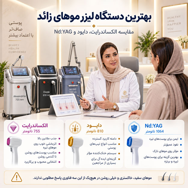 مقایسه دستگاه‌های لیزر موهای زائد الکساندرایت، دایود و Nd:YAG در جلسه مشاوره پزشک و بیمار